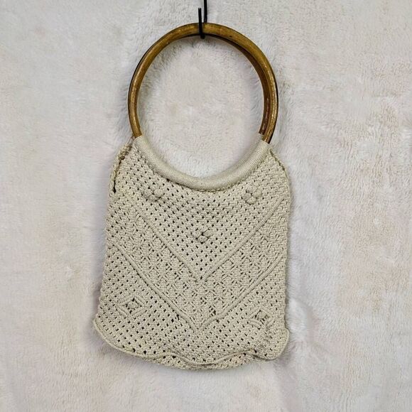 Macrame Bag  Natural Crochet Woven Handbag Wood Ring Purse Boho Hand Made - Picture 1 of 9